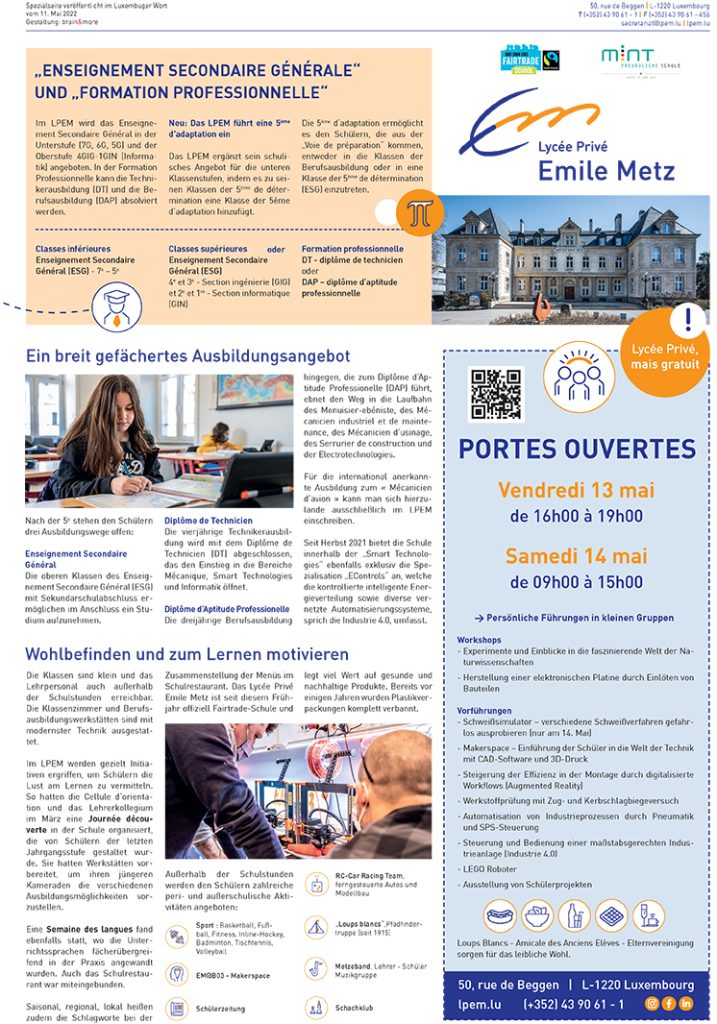 Lycée Privé Emile Metz – Ein breit gefächertes Ausbildungsangebot